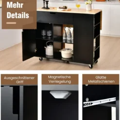 Rollwagen Kücheninsel mit Ausziehbarer Arbeitsfläche 124 x 76 x 92 cm Schwarz