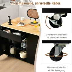 Rollwagen Kücheninsel mit Ausziehbarer Arbeitsfläche 124 x 76 x 92 cm Schwarz