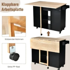 Rollwagen Kücheninsel mit Ausziehbarer Arbeitsfläche 124 x 76 x 92 cm Schwarz