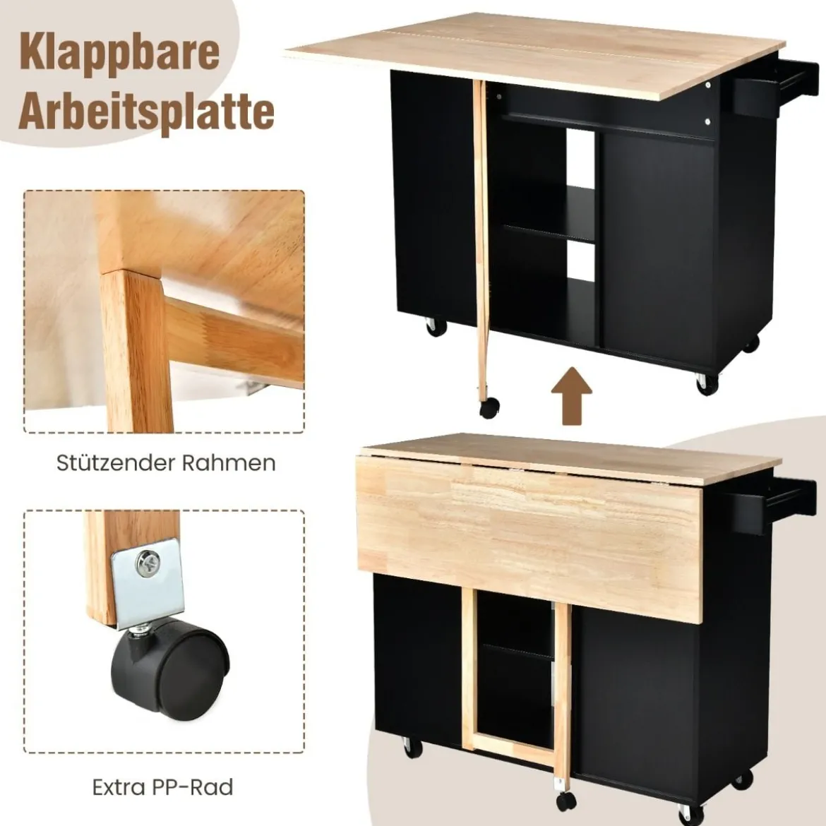 Rollwagen Kücheninsel mit Ausziehbarer Arbeitsfläche 124 x 76 x 92 cm Schwarz