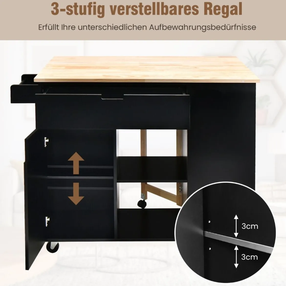 Rollwagen Kücheninsel mit Ausziehbarer Arbeitsfläche 124 x 76 x 92 cm Schwarz