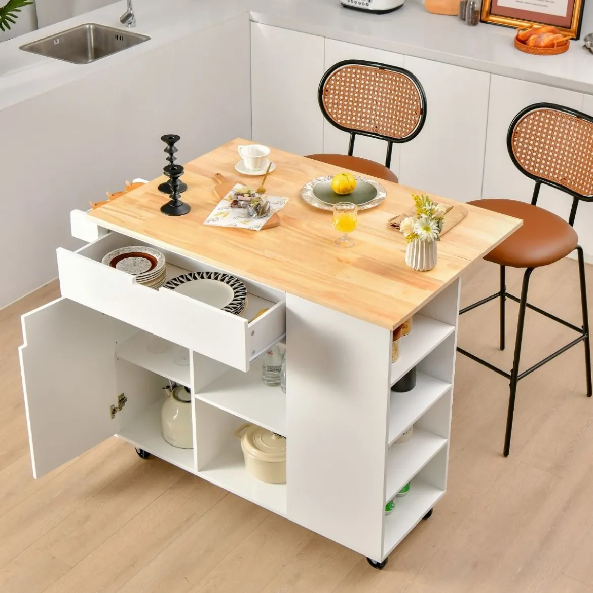 Rollwagen Kücheninsel mit Ausziehbarer Arbeitsfläche 124 x 76 x 92 cm Weiß