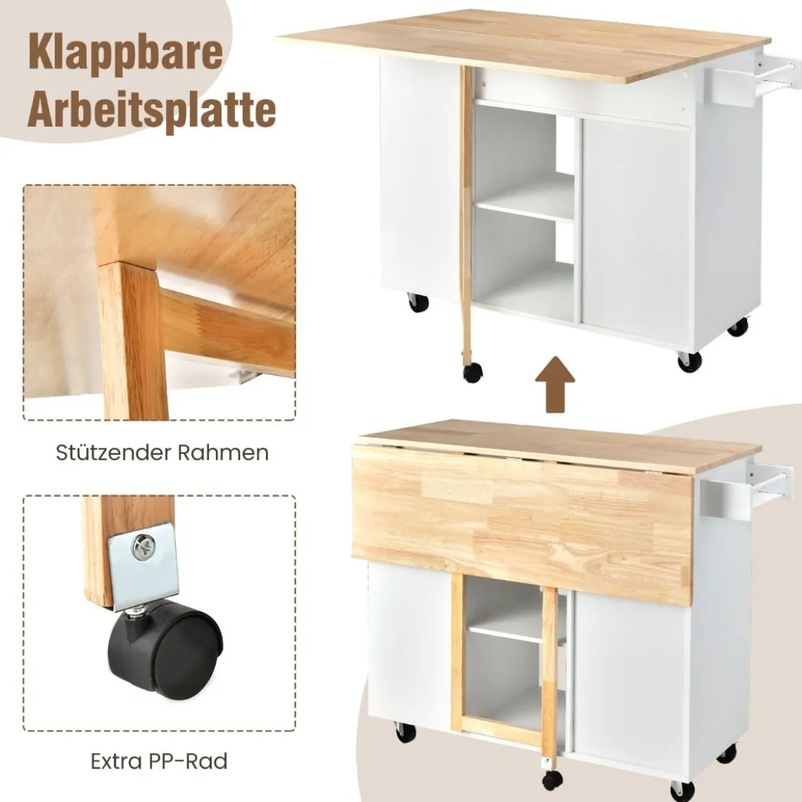 Rollwagen Kücheninsel mit Ausziehbarer Arbeitsfläche 124 x 76 x 92 cm Weiß