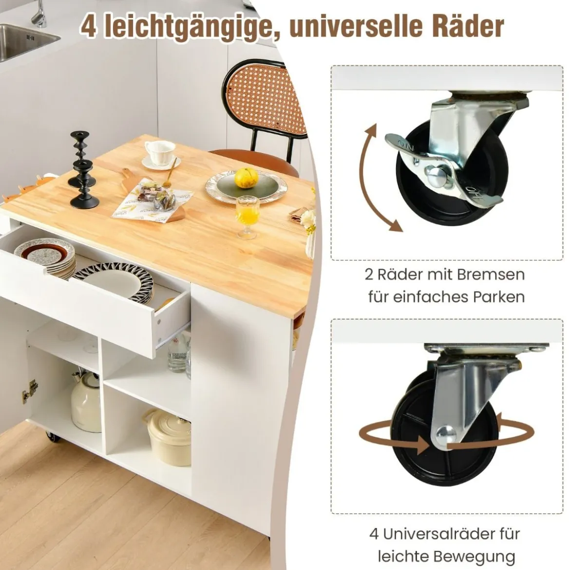 Rollwagen Kücheninsel mit Ausziehbarer Arbeitsfläche 124 x 76 x 92 cm Weiß