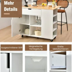 Rollwagen Kücheninsel mit Ausziehbarer Arbeitsfläche 124 x 76 x 92 cm Weiß