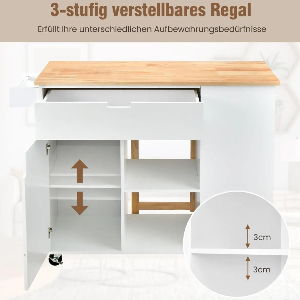 Rollwagen Kücheninsel mit Ausziehbarer Arbeitsfläche 124 x 76 x 92 cm Weiß