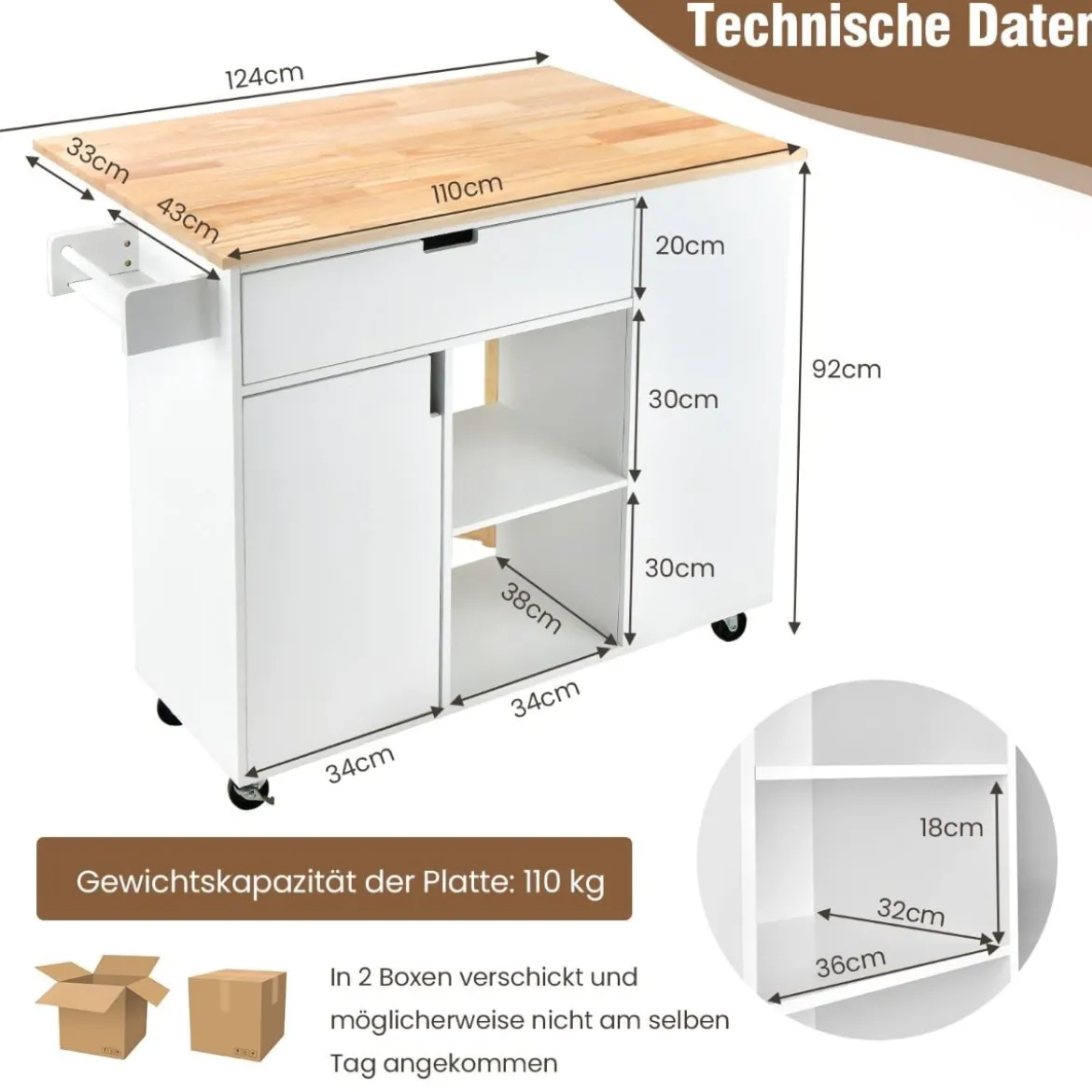 Rollwagen Kücheninsel mit Ausziehbarer Arbeitsfläche 124 x 76 x 92 cm Weiß