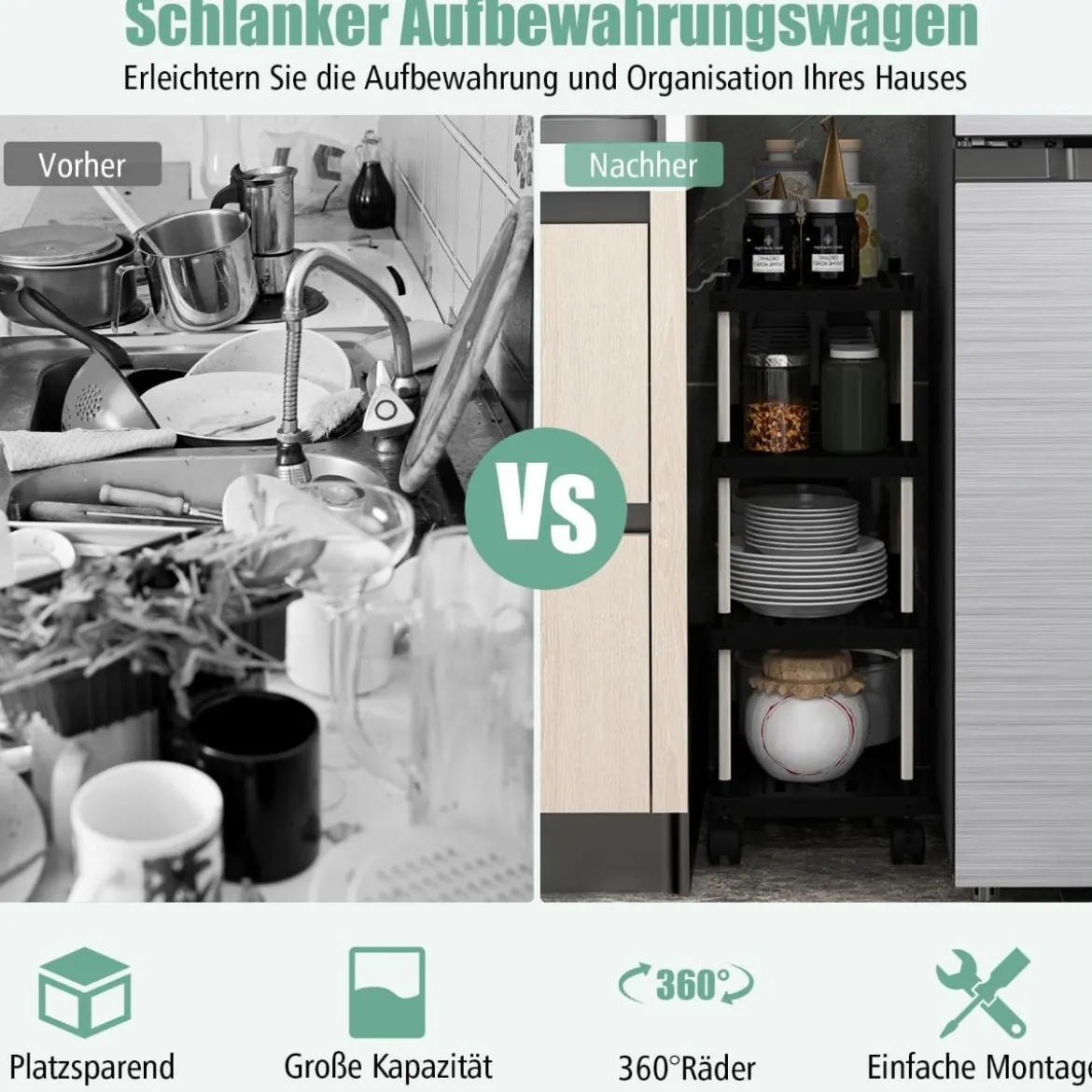 Rollwagen mit 4 Ebenen Nischenregal mit Rollen und seitlichen Haken Schwarz 40 x 21 x 59,5 cm