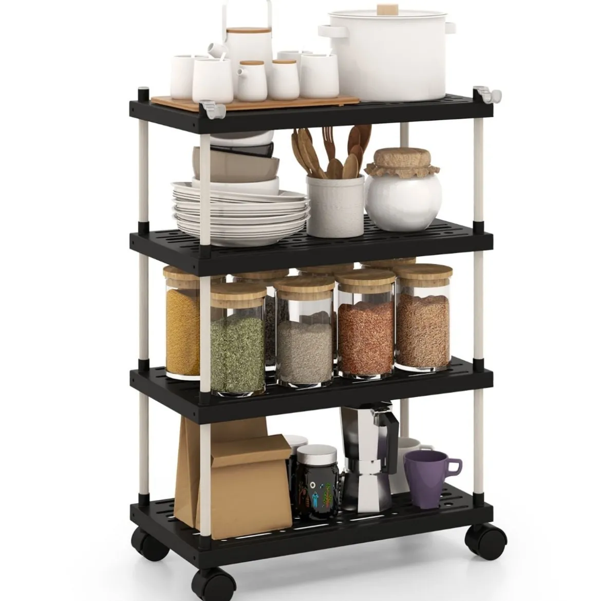 Rollwagen mit 4 Ebenen Nischenregal mit Rollen und seitlichen Haken Schwarz 40 x 21 x 59,5 cm