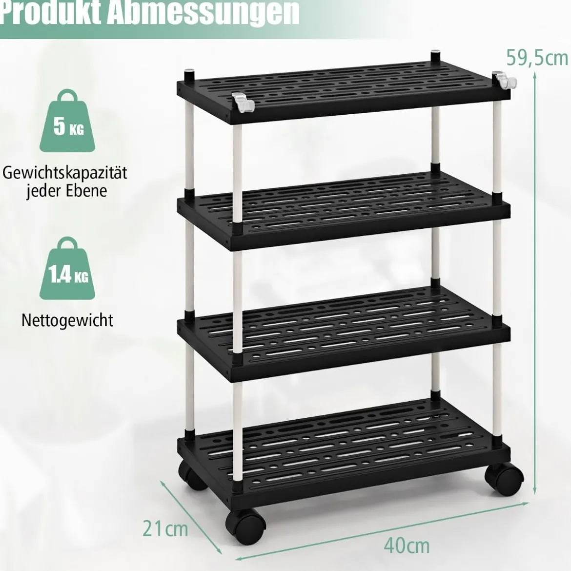 Rollwagen mit 4 Ebenen Nischenregal mit Rollen und seitlichen Haken Schwarz 40 x 21 x 59,5 cm