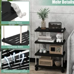 Rollwagen mit 4 Ebenen Nischenregal mit Rollen und seitlichen Haken Schwarz 40 x 21 x 59,5 cm