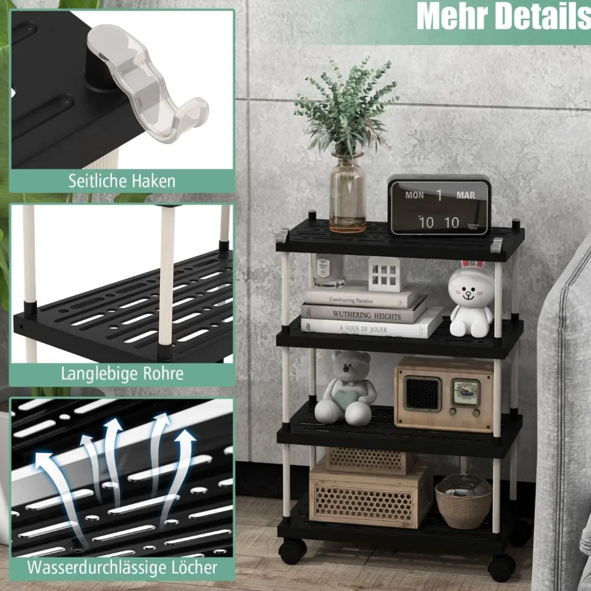 Rollwagen mit 4 Ebenen Nischenregal mit Rollen und seitlichen Haken Schwarz 40 x 21 x 59,5 cm