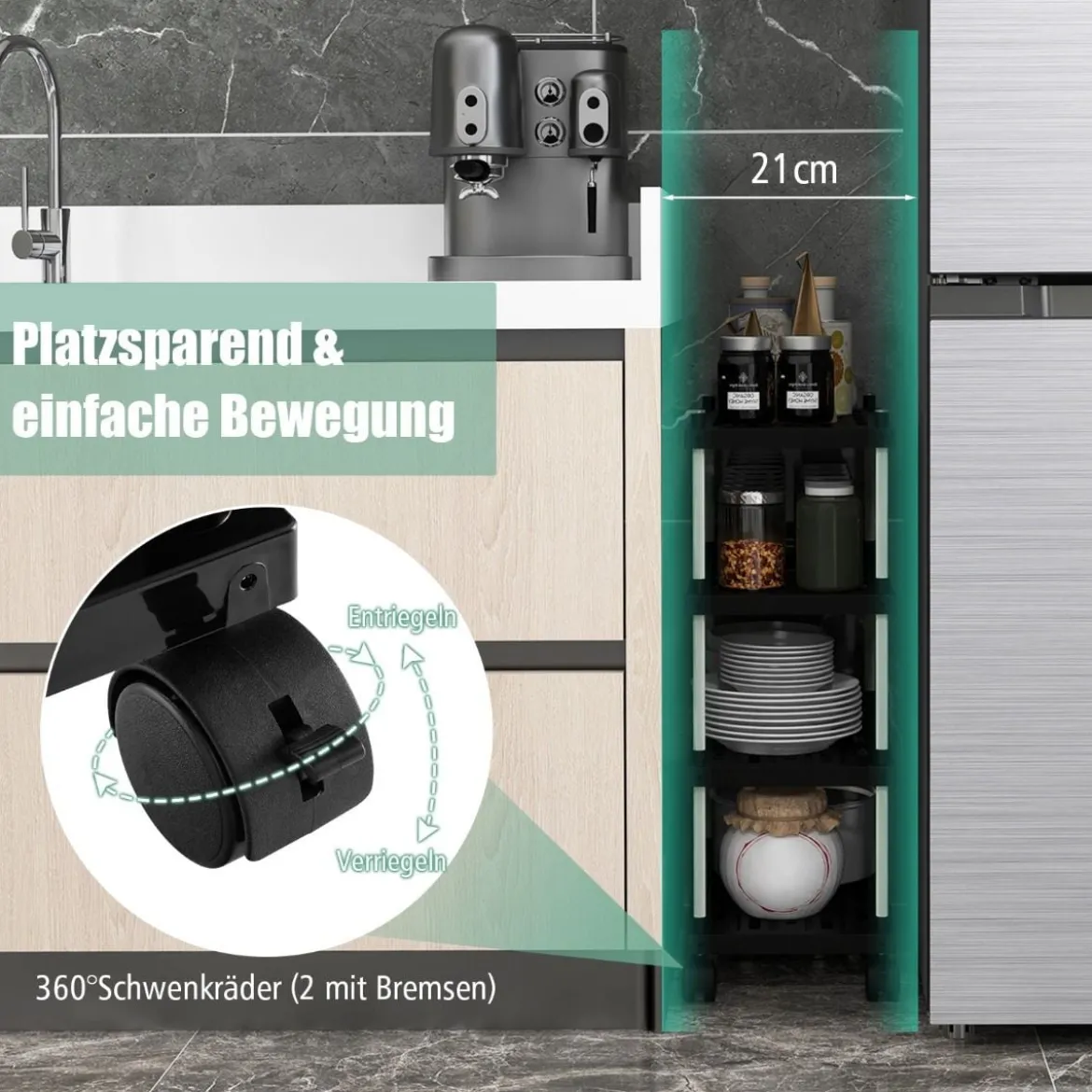 Rollwagen mit 4 Ebenen Nischenregal mit Rollen und seitlichen Haken Schwarz 40 x 21 x 59,5 cm