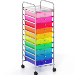 Rollwagen mit 10 Schubladen Trolley mit verchromtem Metallrahmen und abschließbaren Universalrollen Organizer Bunt