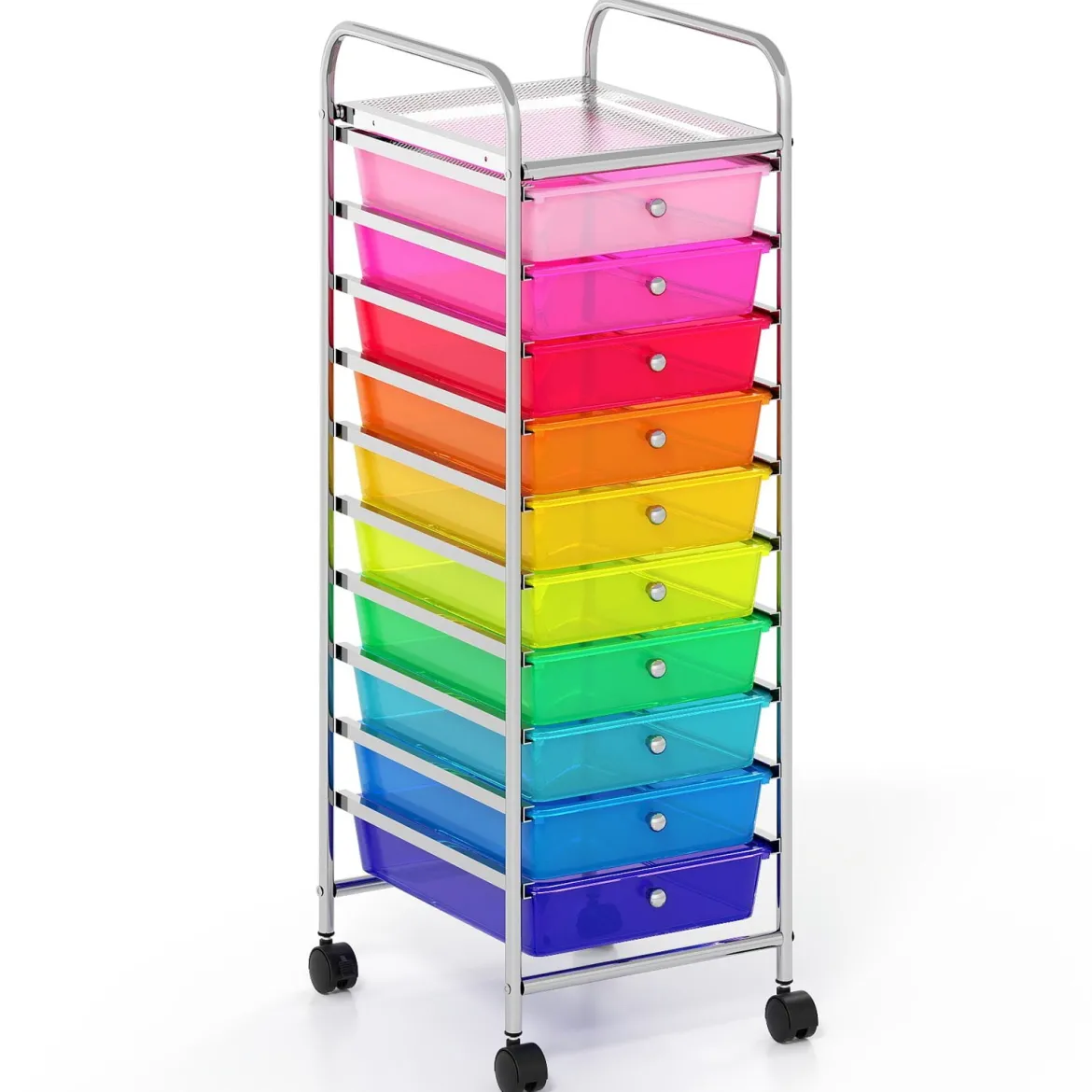Rollwagen mit 10 Schubladen Trolley mit verchromtem Metallrahmen und abschließbaren Universalrollen Organizer Bunt