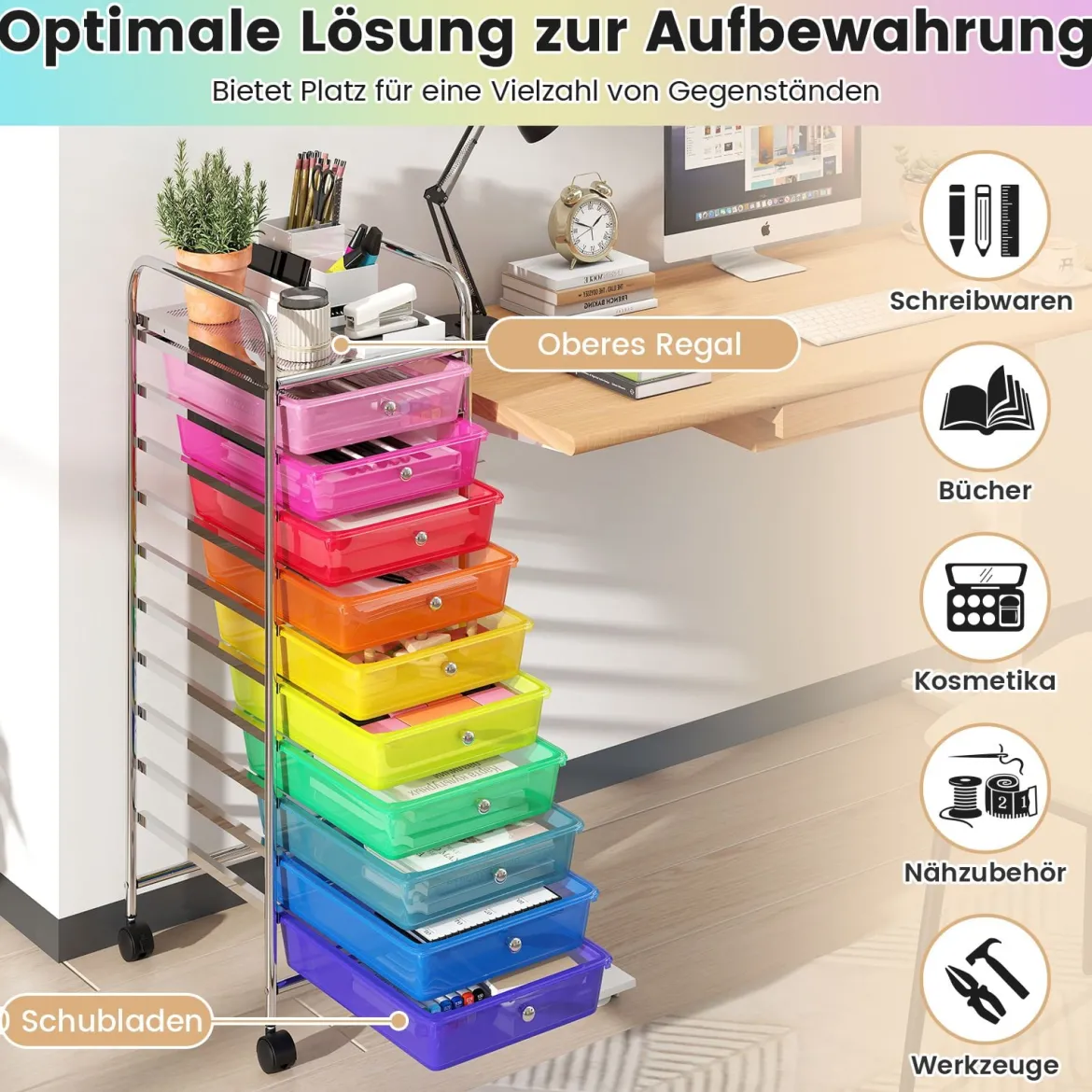 Rollwagen mit 10 Schubladen Trolley mit verchromtem Metallrahmen und abschließbaren Universalrollen Organizer Bunt