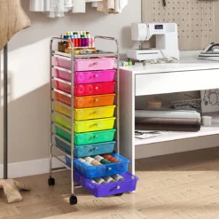 Rollwagen mit 10 Schubladen Trolley mit verchromtem Metallrahmen und abschließbaren Universalrollen Organizer Bunt