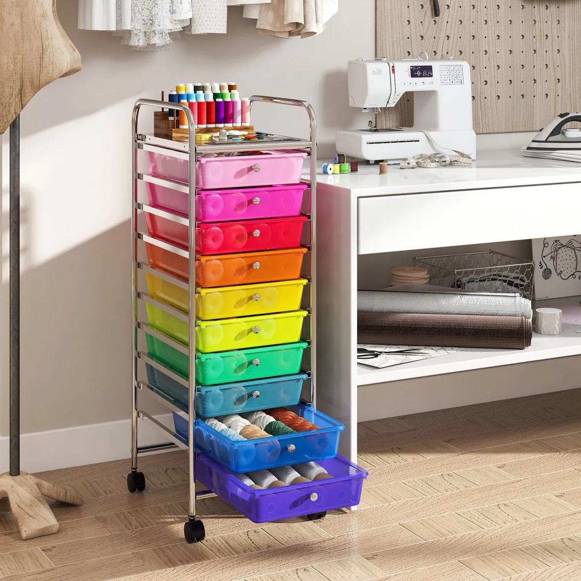 Rollwagen mit 10 Schubladen Trolley mit verchromtem Metallrahmen und abschließbaren Universalrollen Organizer Bunt