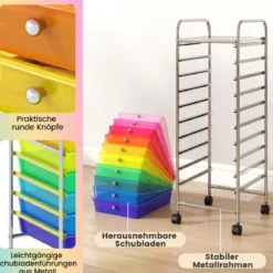 Rollwagen mit 10 Schubladen Trolley mit verchromtem Metallrahmen und abschließbaren Universalrollen Organizer Bunt