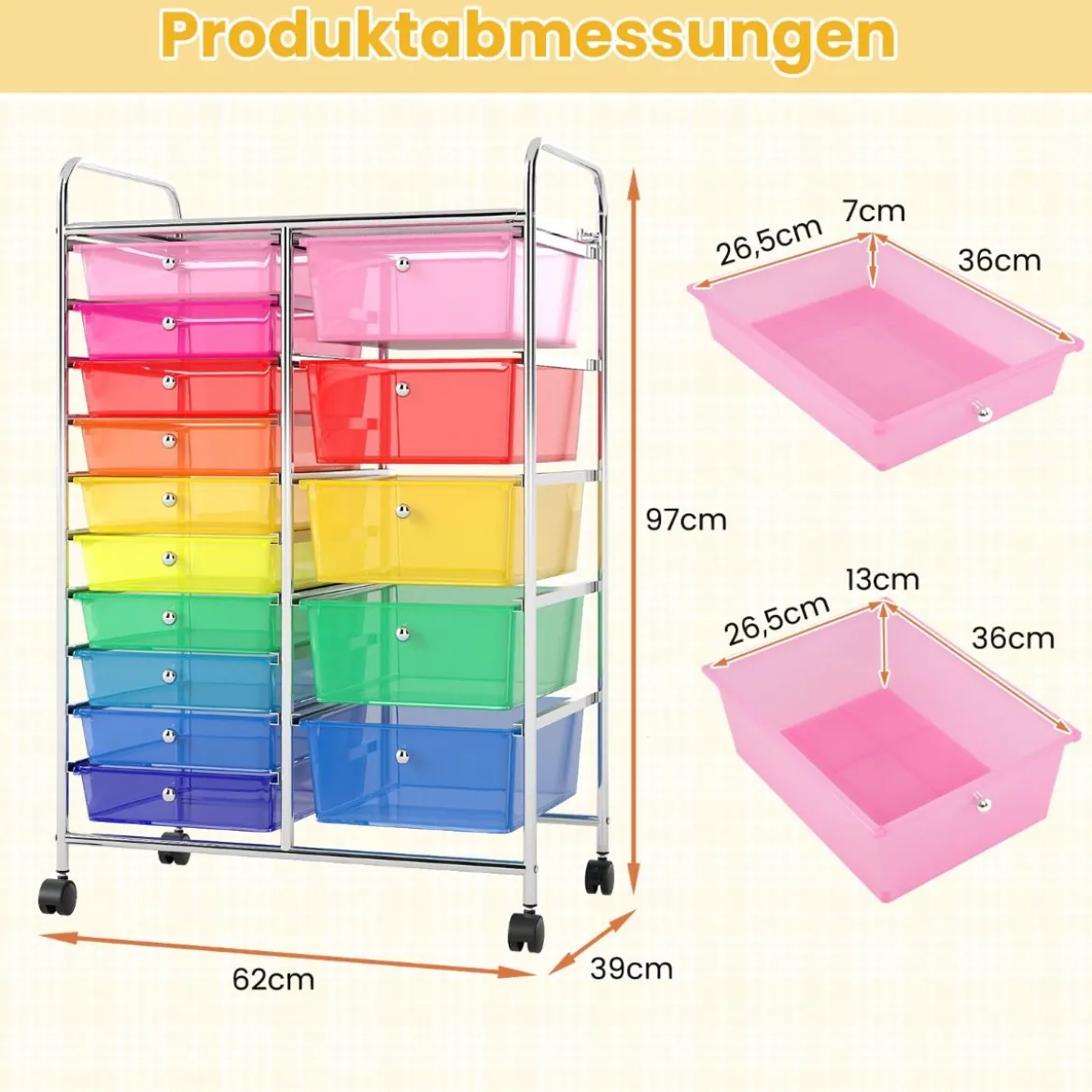 Rollwagen mit 10 Schubladen Trolley mit verchromtem Metallrahmen und abschließbaren Universalrollen Organizer Bunt 38 x 32 x 97 cm