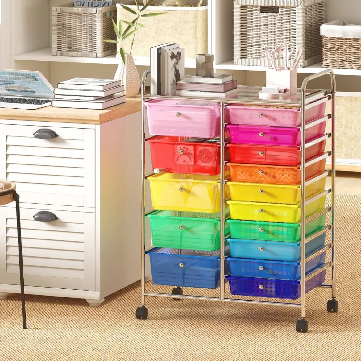 Rollwagen mit 10 Schubladen Trolley mit verchromtem Metallrahmen und abschließbaren Universalrollen Organizer Bunt 38 x 32 x 97 cm