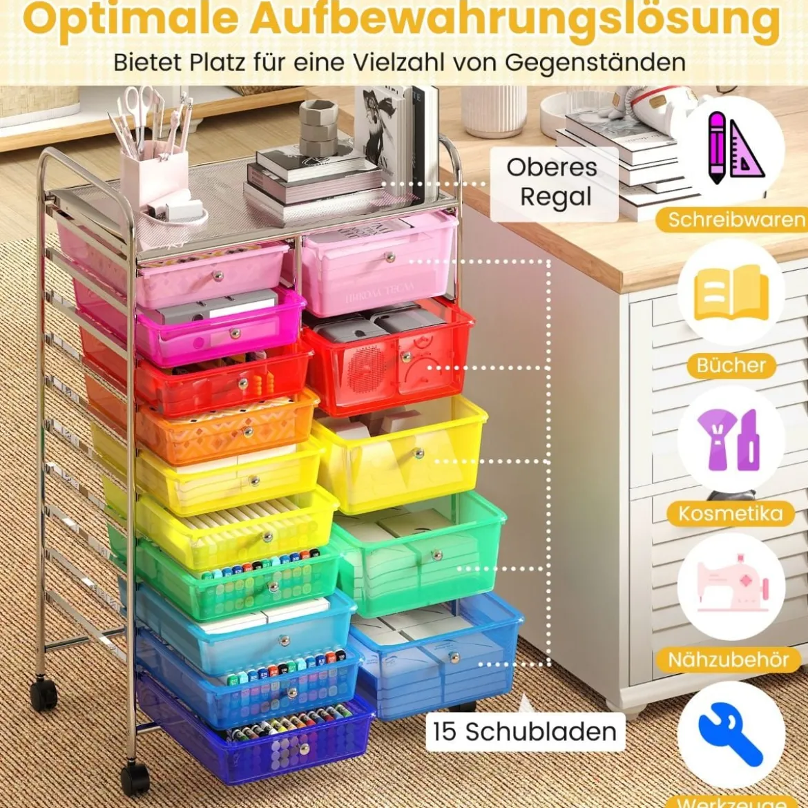 Rollwagen mit 10 Schubladen Trolley mit verchromtem Metallrahmen und abschließbaren Universalrollen Organizer Bunt 38 x 32 x 97 cm
