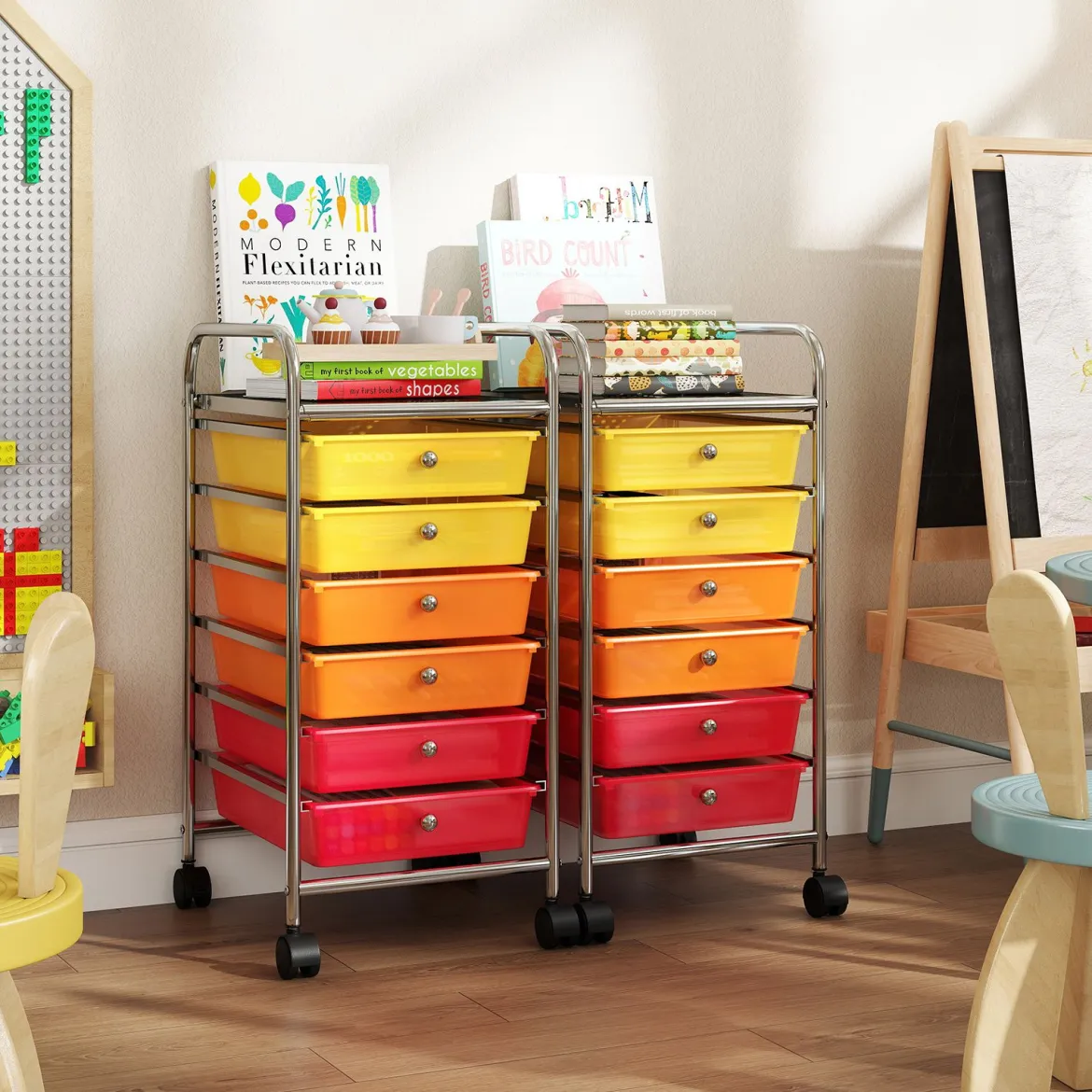 Rollwagen mit 6 Stapelbaren Schubladen & Leichtgängigen Schienen Rollcontainer Regenbogen Bunt