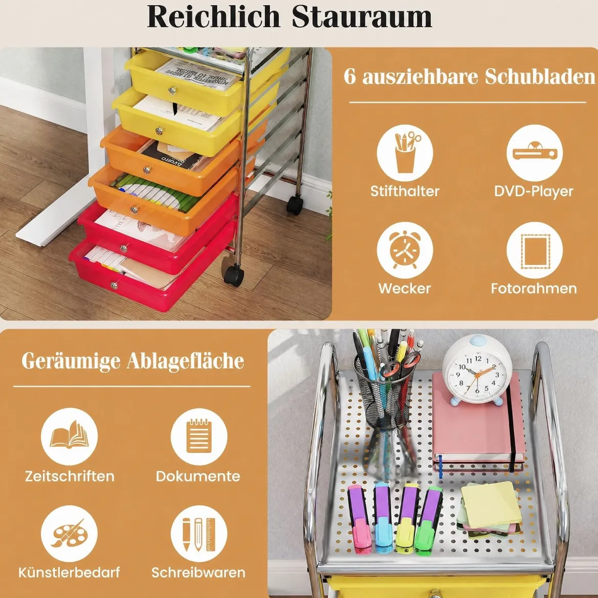 Rollwagen mit 6 Stapelbaren Schubladen & Leichtgängigen Schienen Rollcontainer Regenbogen Bunt