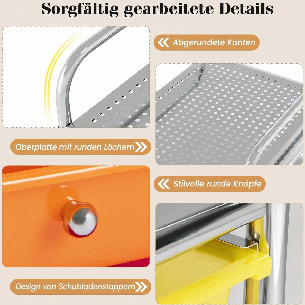 Rollwagen mit 6 Stapelbaren Schubladen & Leichtgängigen Schienen Rollcontainer Regenbogen Bunt