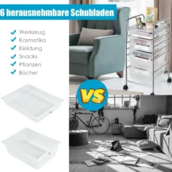 Rollwagen mit 6 stapelbaren Schubladen & Metallgestell & Ablagefläche Transparent