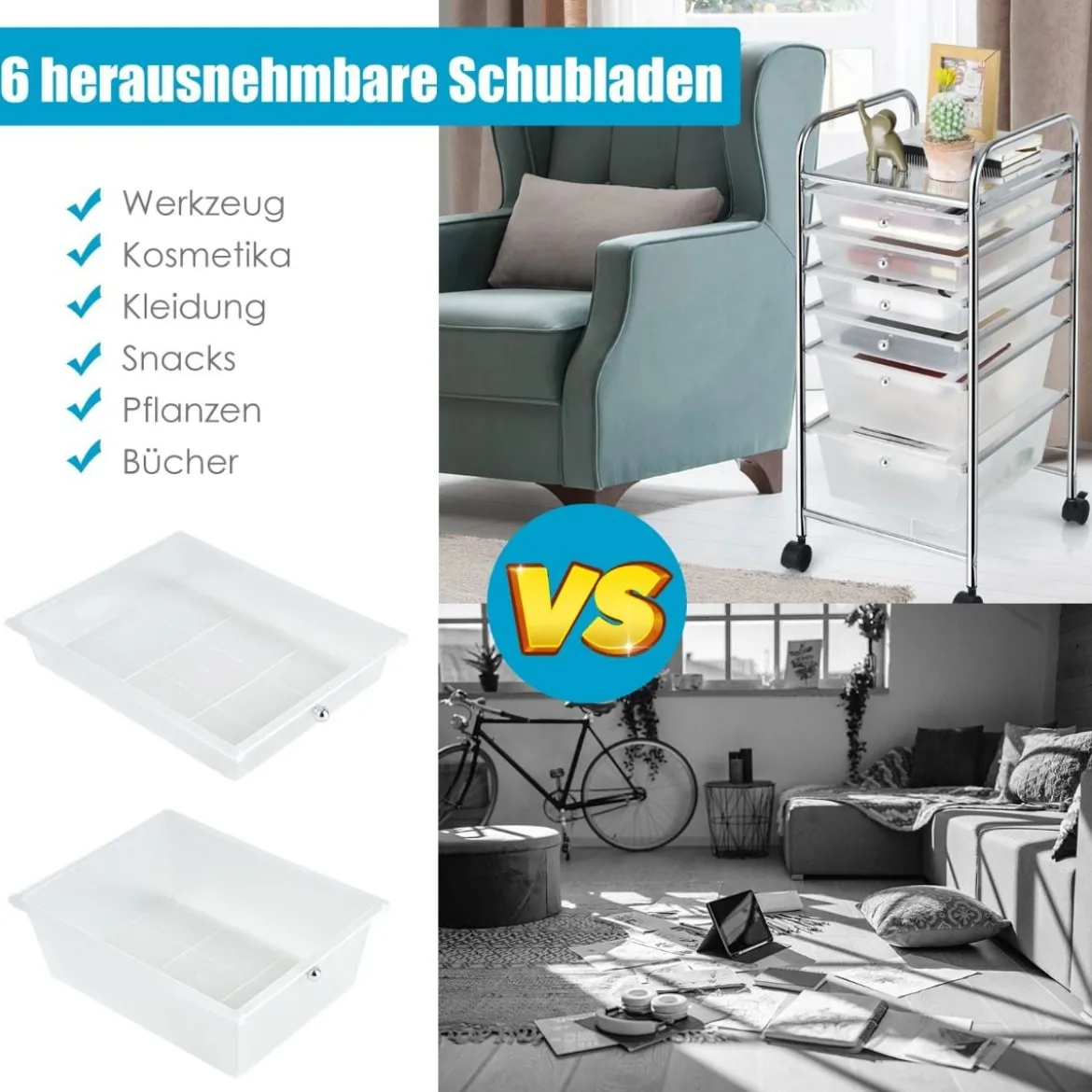 Rollwagen mit 6 stapelbaren Schubladen & Metallgestell & Ablagefläche Transparent