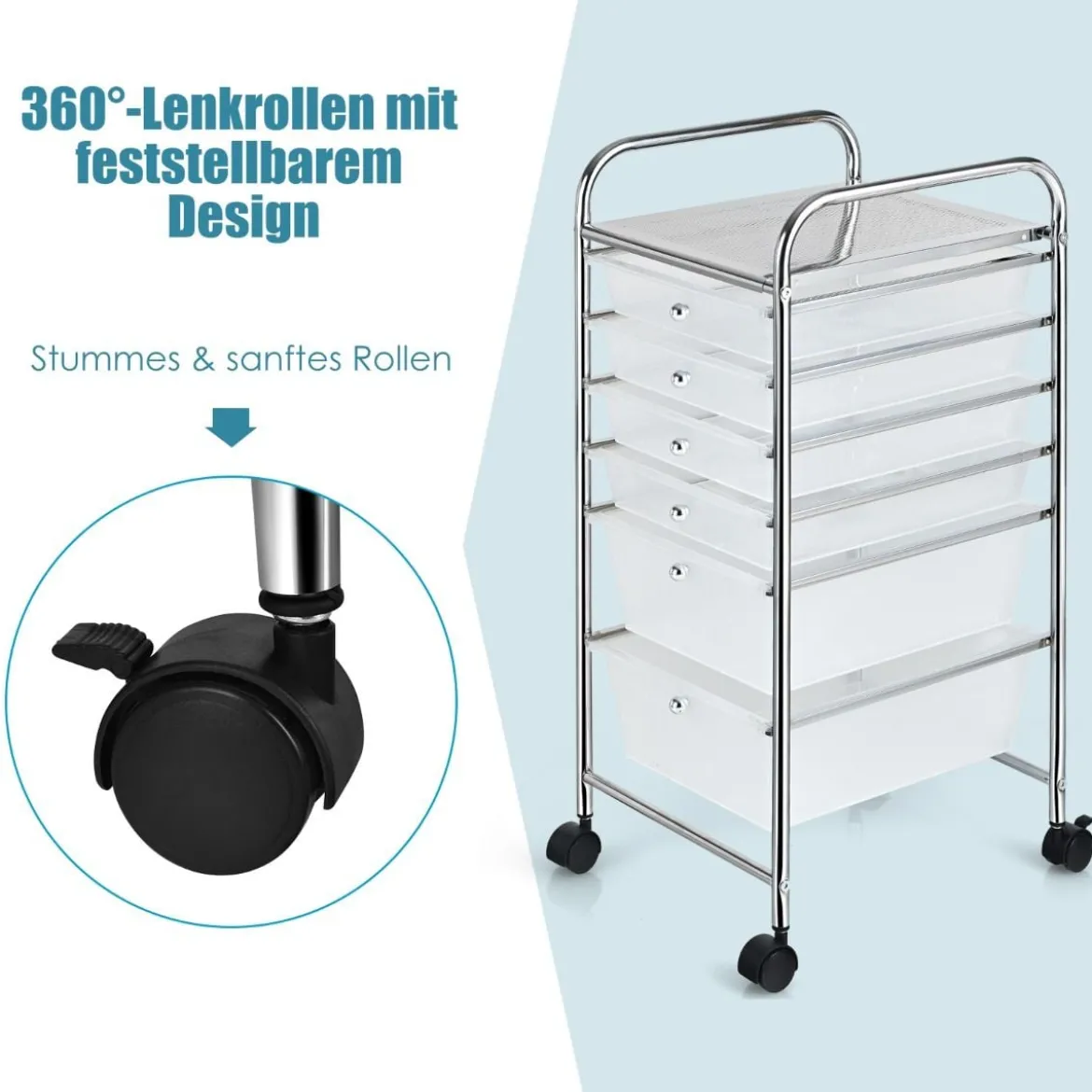 Rollwagen mit 6 stapelbaren Schubladen & Metallgestell & Ablagefläche Transparent