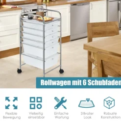 Rollwagen mit 6 stapelbaren Schubladen & Metallgestell & Ablagefläche Transparent