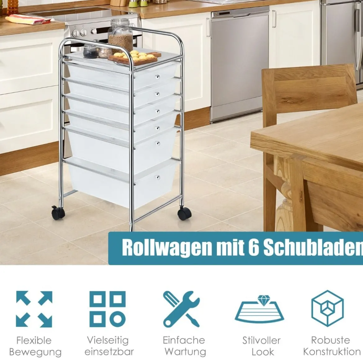 Rollwagen mit 6 stapelbaren Schubladen & Metallgestell & Ablagefläche Transparent