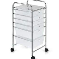 Rollwagen mit 6 stapelbaren Schubladen & Metallgestell & Ablagefläche Transparent