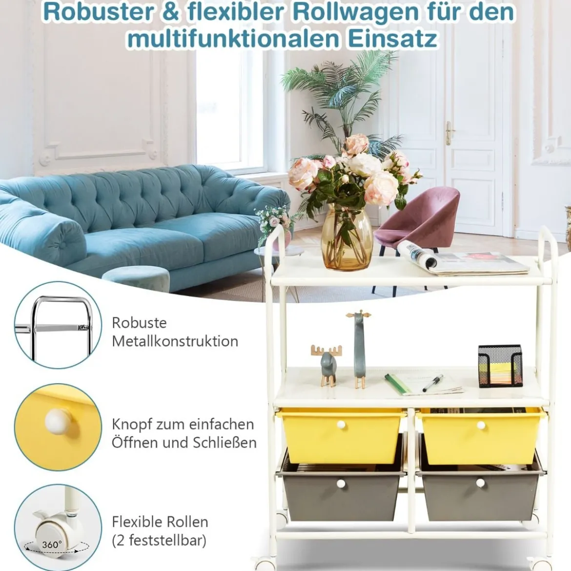 Rollwagen mit 4 stapelbaren Schubladen & Metallgestell & Ablageflächen Rollcontainer