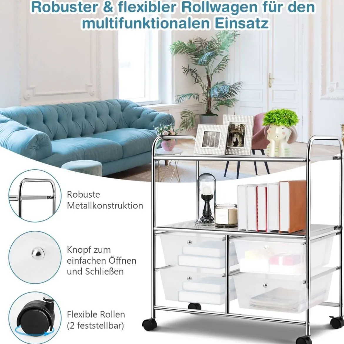 Rollwagen mit 4 stapelbaren Schubladen & Metallgestell & Ablageflächen Rollcontainer