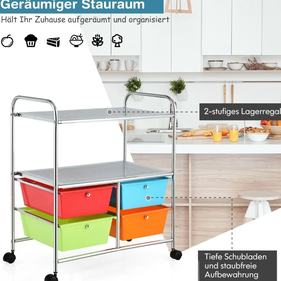 Rollwagen mit 4 stapelbaren Schubladen & Metallgestell & Ablageflächen Rollcontainer