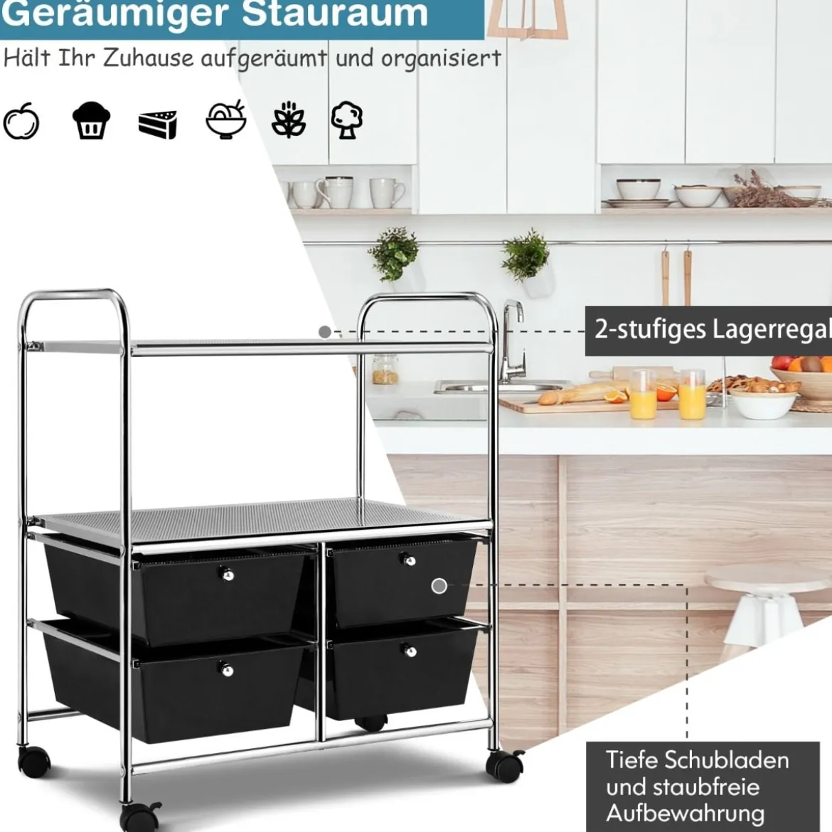 Rollwagen mit 4 stapelbaren Schubladen & Metallgestell & Ablageflächen Rollcontainer