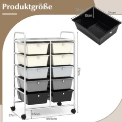 Rollwagen mit 10 Stapelbaren Schubladen Schubladenwagen Rollcontainer Badrollwagen
