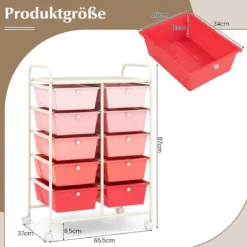 Rollwagen mit 10 Stapelbaren Schubladen Schubladenwagen Rollcontainer Badrollwagen
