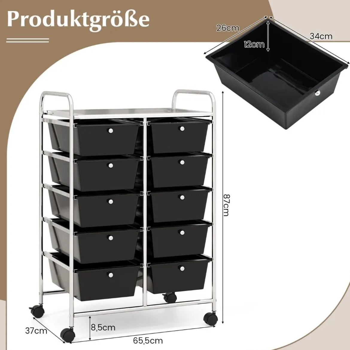 Rollwagen mit 10 Stapelbaren Schubladen Schubladenwagen Rollcontainer Badrollwagen