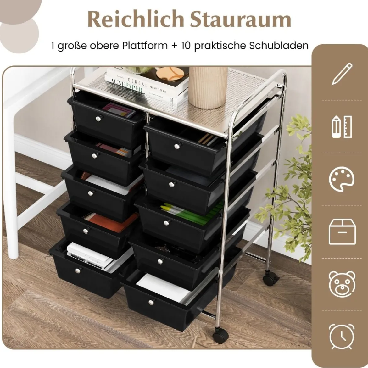 Rollwagen mit 10 Stapelbaren Schubladen Schubladenwagen Rollcontainer Badrollwagen