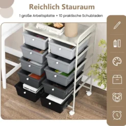 Rollwagen mit 10 Stapelbaren Schubladen Schubladenwagen Rollcontainer Badrollwagen