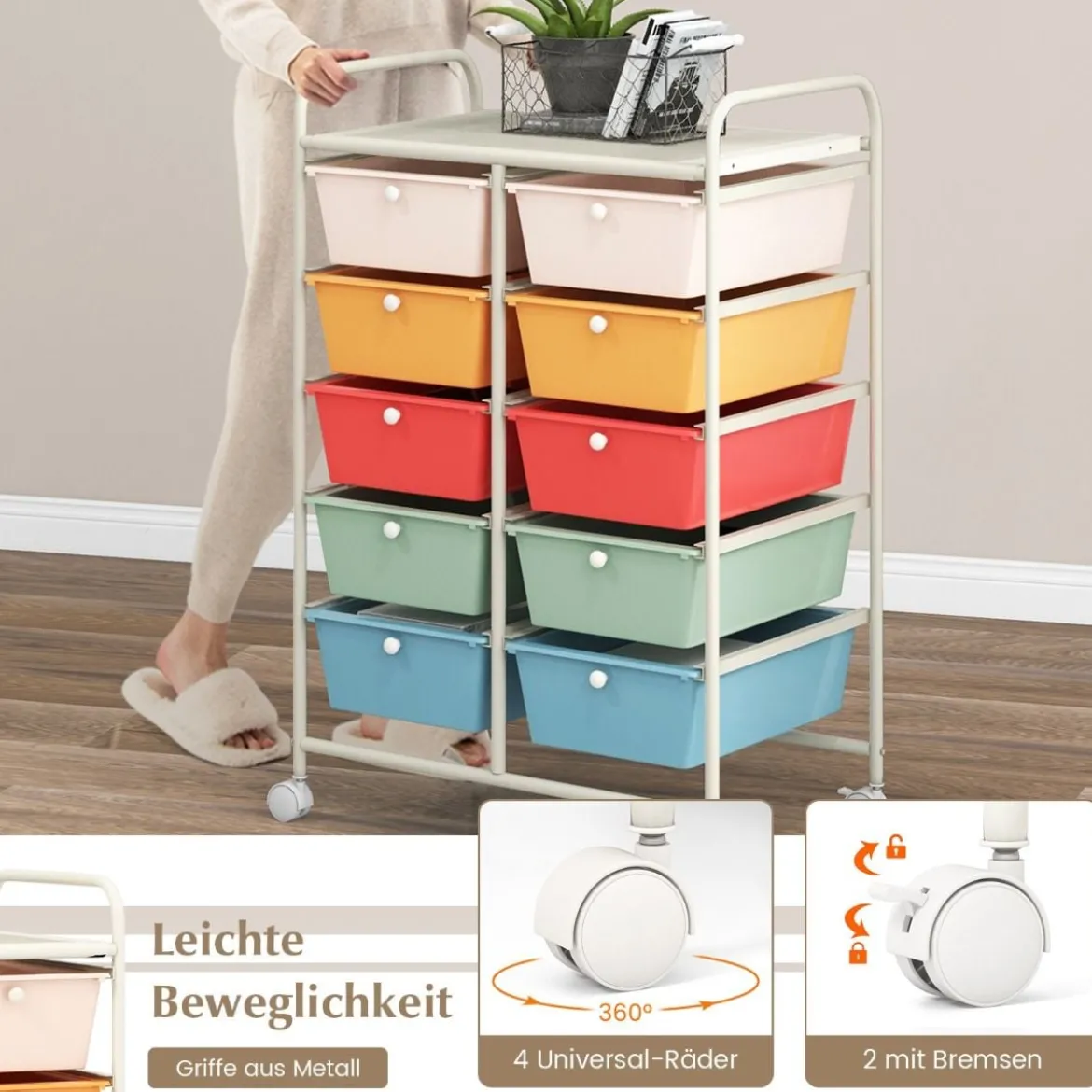 Rollwagen mit 10 Stapelbaren Schubladen Schubladenwagen Rollcontainer Badrollwagen