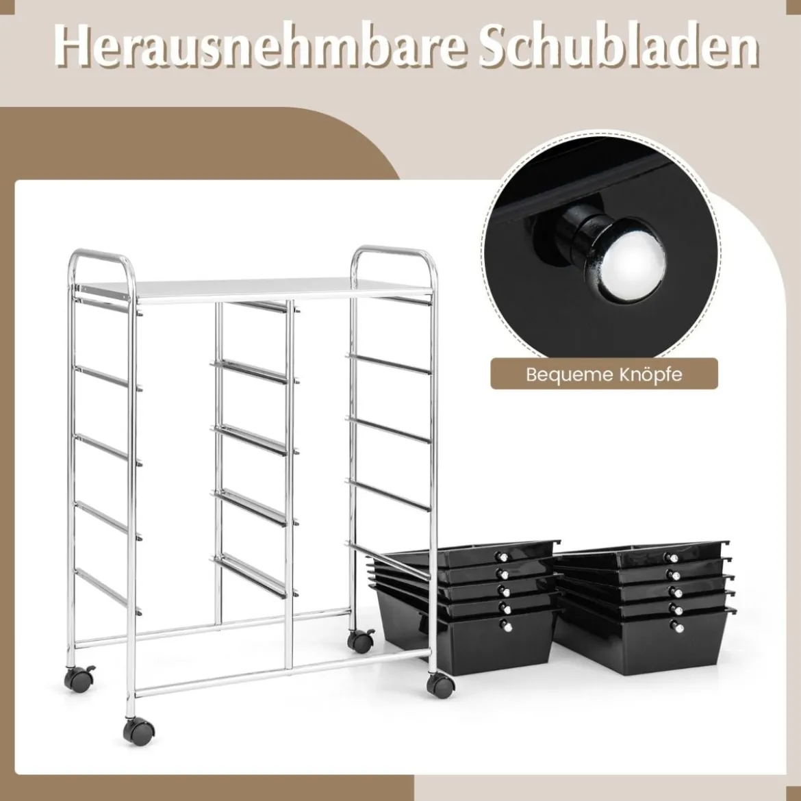 Rollwagen mit 10 Stapelbaren Schubladen Schubladenwagen Rollcontainer Badrollwagen