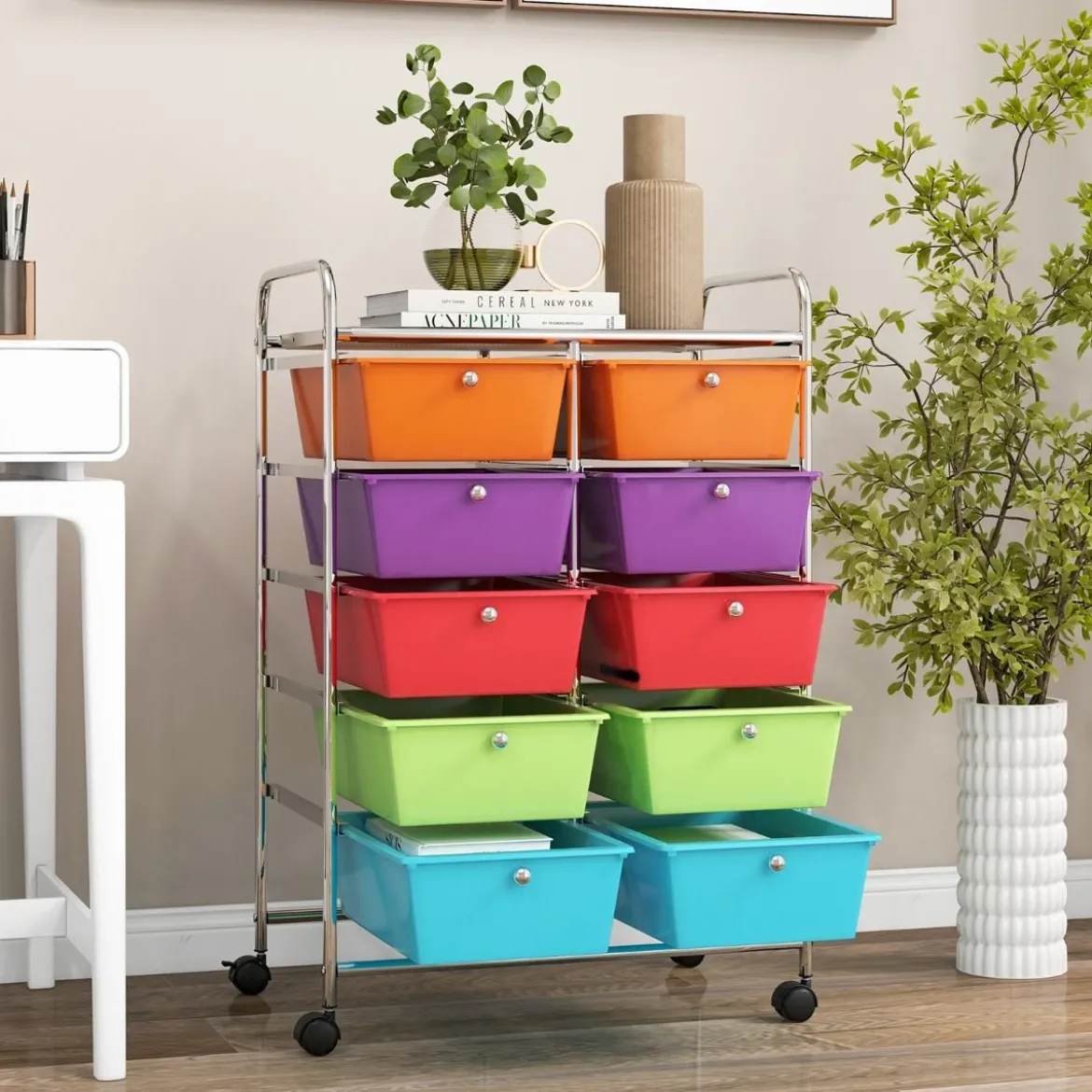 Rollwagen mit 10 Stapelbaren Schubladen Schubladenwagen Rollcontainer Badrollwagen