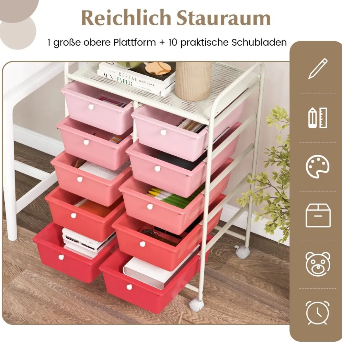 Rollwagen mit 10 Stapelbaren Schubladen Schubladenwagen Rollcontainer Badrollwagen