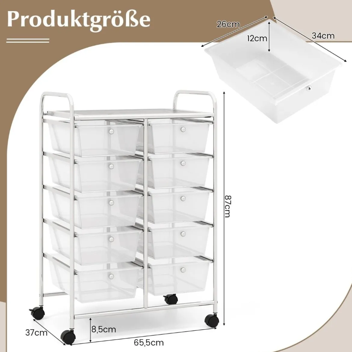 Rollwagen mit 10 Stapelbaren Schubladen Schubladenwagen Rollcontainer Badrollwagen
