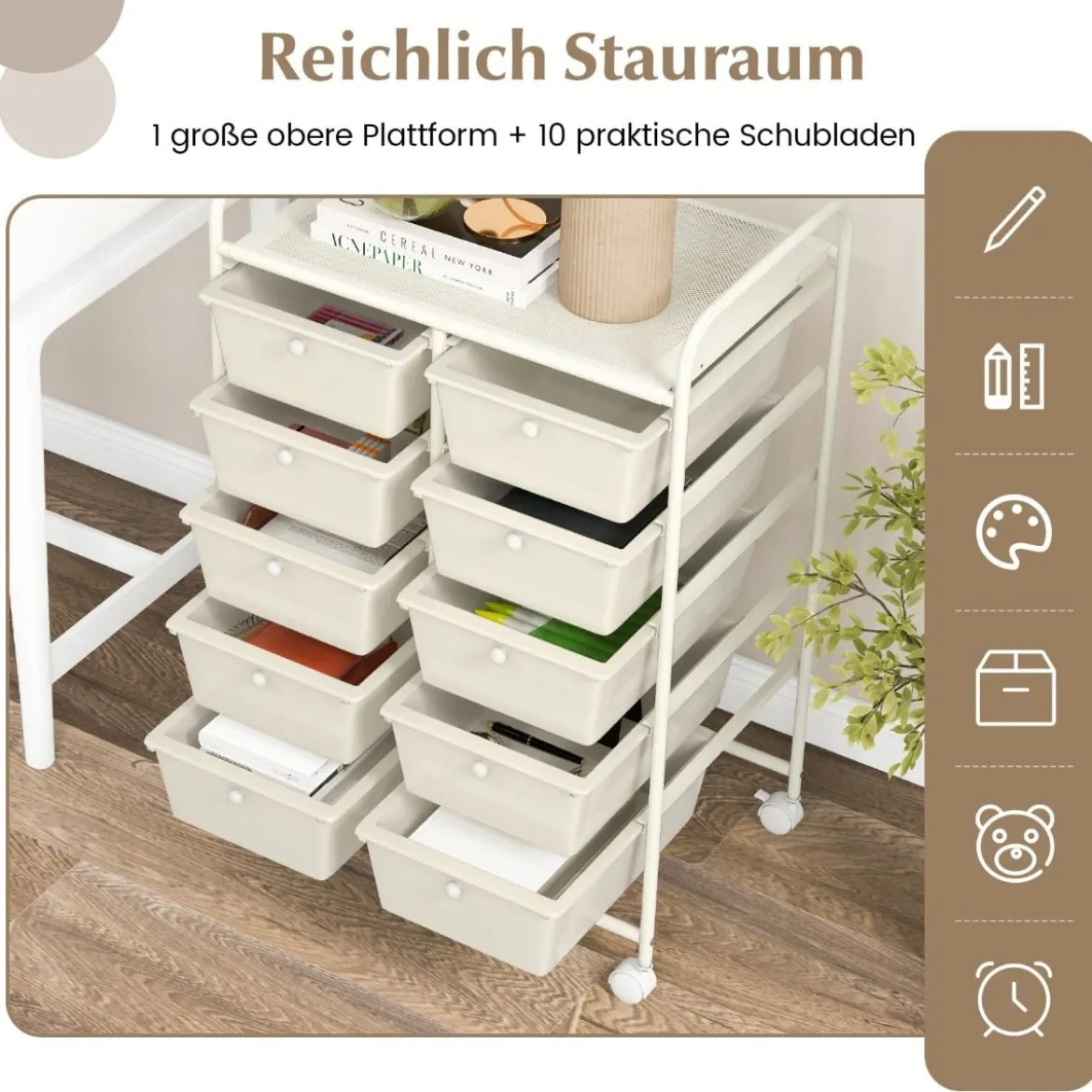 Rollwagen mit 10 Stapelbaren Schubladen Schubladenwagen Rollcontainer Badrollwagen
